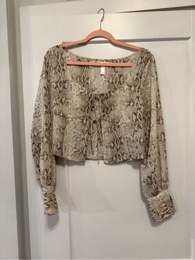 Snake Print Tie-Front Crop Blouse - Neutral